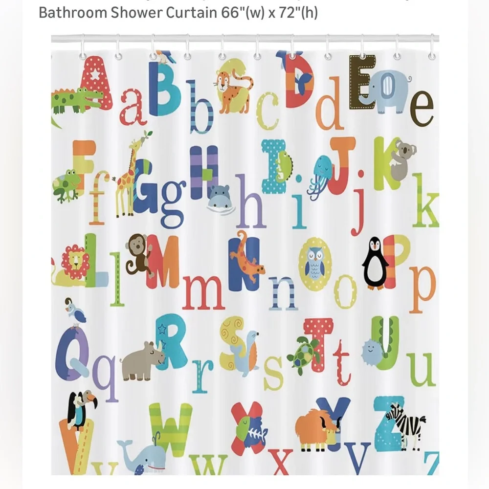 Kids Alphabet Themed Bathroom Shower Curtain size 66”(width) by 72” (height)